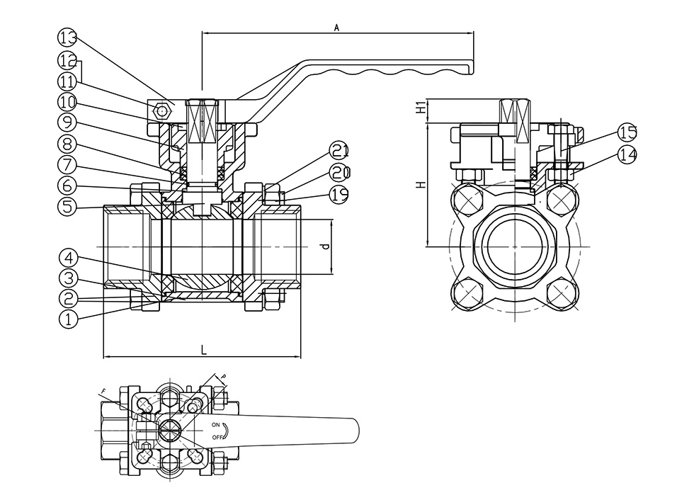 3PC Ball Valve 2000WOG with ISO 5211 Base for Actuator